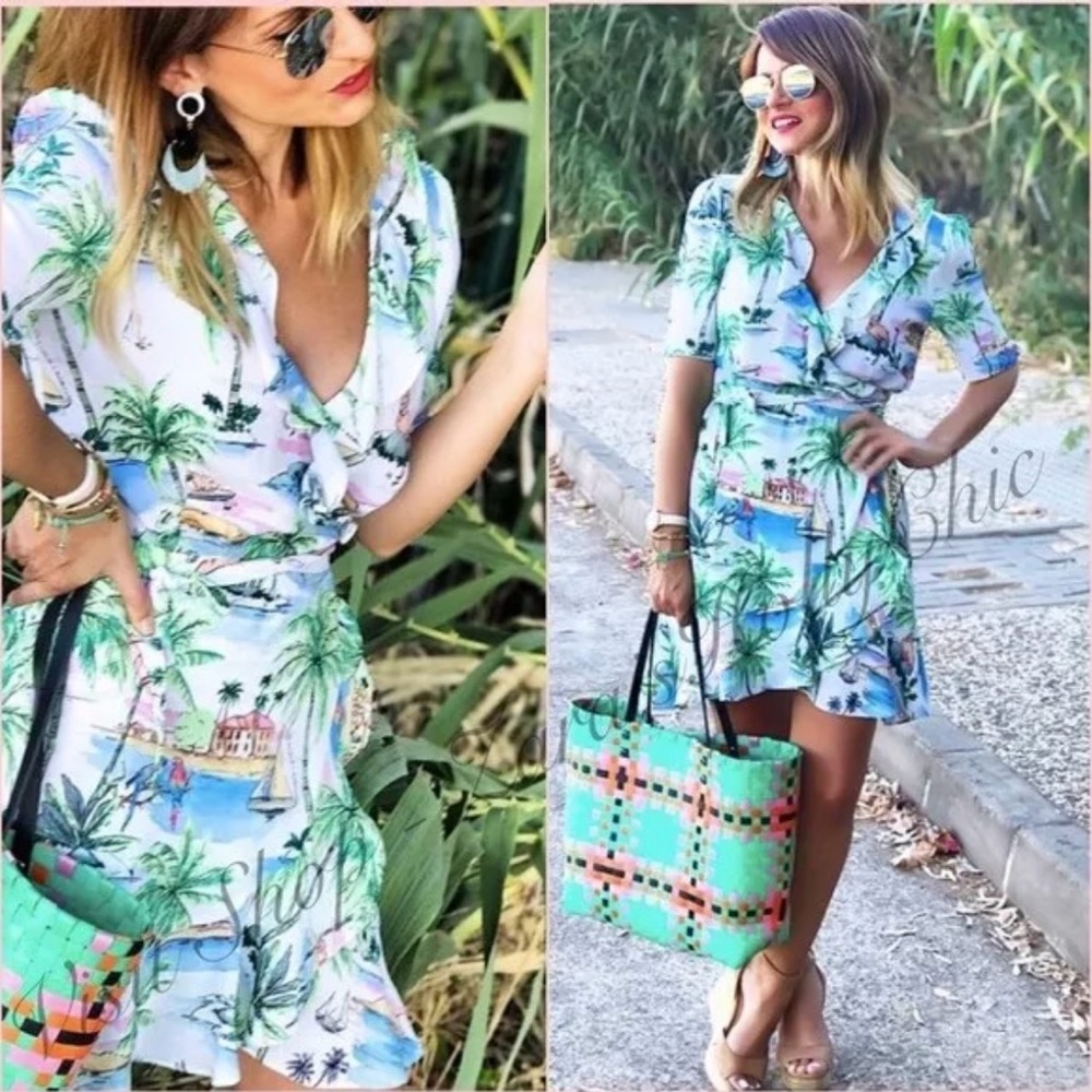 Zara tropical wrap dress ruffle